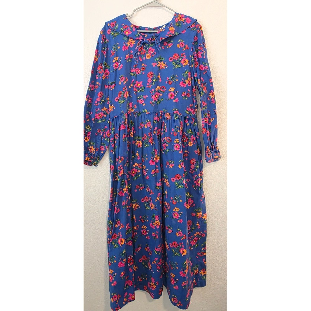 Hanna Andersson Floral Midi Dress Womens Medium Blue Cotton Long Sleeve USA Made